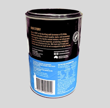 Back view of a cylindrical container with text and a barcode on a gray background